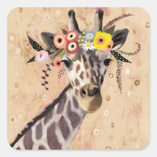Sticker Carré Klimt Giraffe Couronne De Fleurs