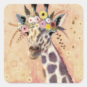 Sticker Carré Klimt Giraffe Orné De Fleurs
