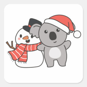 Sticker Carré Koala Avec Snowman En Hiver Pour Noël Carré