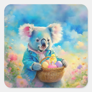 Sticker Carré Koala qui tient un panier d'œufs de Pâques
