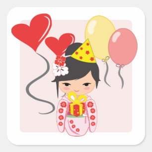Sticker Carré Kokeshi Doll fête d'anniversaire