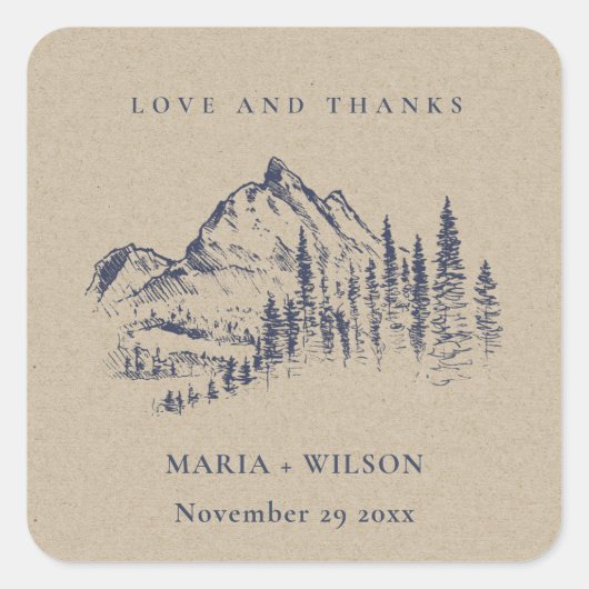 Sticker Carré Kraft Navy Pine Woods Mountain Sketch Mariage (Devant)