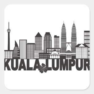 Sticker Carré Kuala Lumpur City Skyline Texte noir et blanc