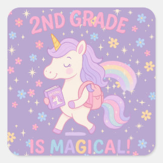 Sticker Carré La 2e année est un retour à l'école magique licorn