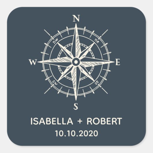 Sticker Carré La boussole bleue | Monogramme Mariage (Devant)