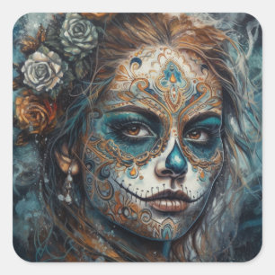 Sticker Carré La Catrina Azul Dia de los Muertos Crâne de Sucre