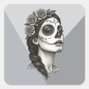 Sticker Carré La Catrina mexicaine avec la Journée Rose des mort