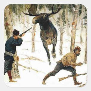 Sticker Carré La chasse à l'orignal par Frederic Remington
