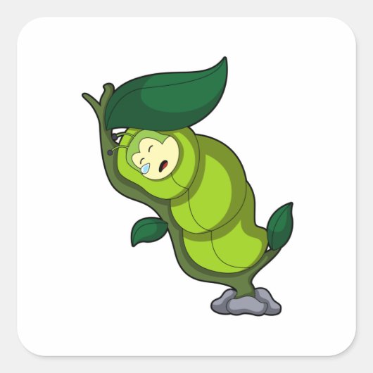 Sticker Carré La chenille au coucher avec la feuille (Devant)