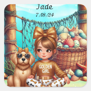 Sticker Carré La fille et son chiot peuvent être Personnaliser n