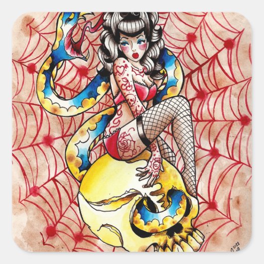 Sticker Carré La Mort Devient Son Épingle Up Girl Tattoo Flash (Devant)
