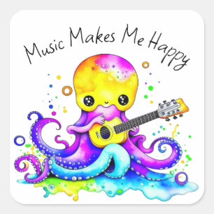 Sticker Carré La Musique Me Rend Heureux Octopus Jouer de la g