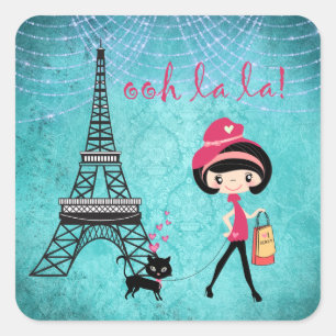 Sticker Carré La Paris Girl et Cat With Eiffel Tower