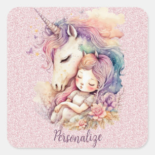 Sticker Carré La princesse Unicorne dort dans les fleurs Parties