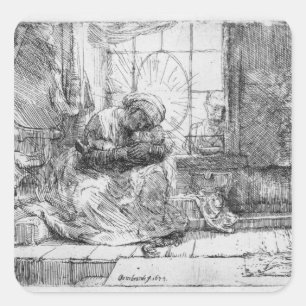 Sticker Carré La Sainte Famille avec un chat, 1654