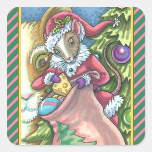 STICKER CARRÉ LA SOURIS PÈRE NOËL APPORTE DE BONS CHATS CADEAUX