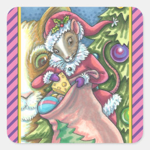 STICKER CARRÉ LA SOURIS PÈRE NOËL APPORTE DE BONS CHATS CADEAUX