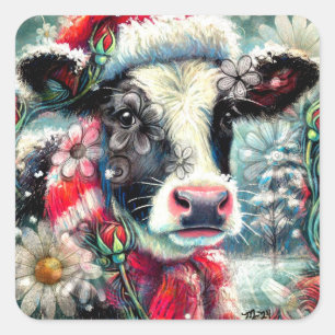 Sticker Carré La vache rêve de temps plus chauds Turquoise Rouge