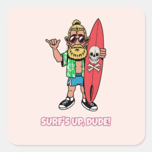 Sticker Carré La vague est à toi mec Surfeur barbu de dessin ani