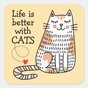 Sticker Carré La vie est meilleure avec des chats Doodle