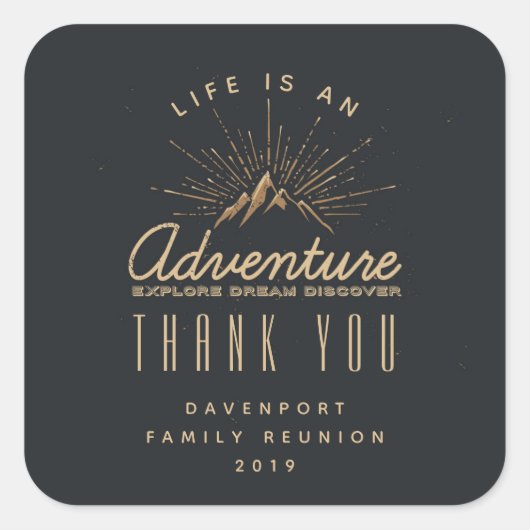 Sticker Carré La vie est une aventure Mountain Sunrays Merci (Devant)