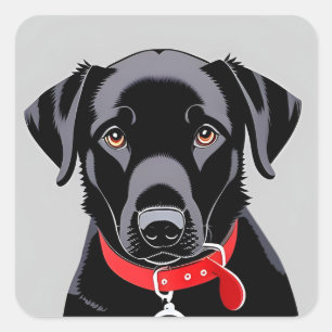 Sticker Carré Labrador noir avec collier rouge