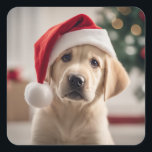 Sticker Carré Labrador Retriever Christmas<br><div class="desc">Petit chiot Labrador Retriever portant un chapeau de Père Noël.</div>