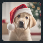 Sticker Carré Labrador Retriever Christmas<br><div class="desc">Petit chiot Labrador Retriever portant un chapeau de Père Noël.</div>