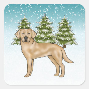 Sticker Carré Labrador Retriever Jaune Forêt enneigée de l'hiver
