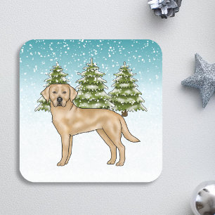 Sticker Carré Labrador Retriever Jaune Forêt enneigée de l'hiver