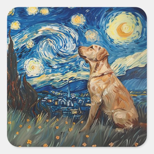Sticker Carré Labrador Retriever Yellow Lab Chien Starry Night (Devant)