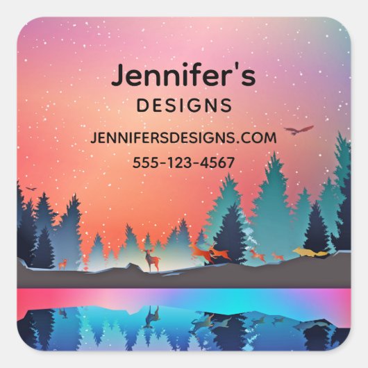 Sticker Carré Lac d'hiver pittoresque avec Deer Business (Devant)