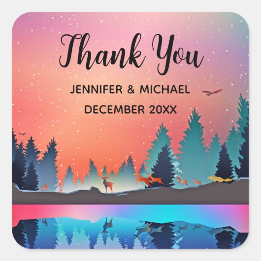 Sticker Carré Lac d'hiver pittoresque avec Merci de cerfs (Devant)