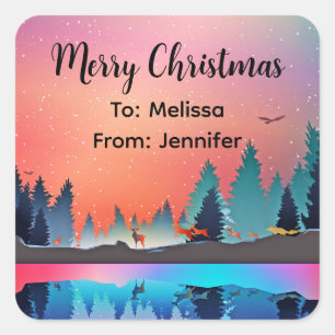 Sticker Carré Lac d'hiver pittoresque avec Noël aux cerfs