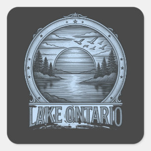 Sticker Carré Lac Ontario Style Gravure Bleu et nuances de gri