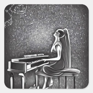 Sticker Carré Lady aux cheveux longs Jouer Piano