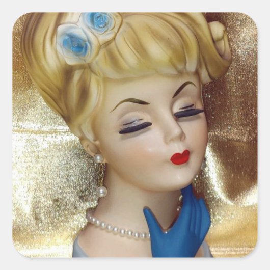 Sticker Carré Lady Head Vase Cheveux Fleur Gants Bleus Fancy (Devant)