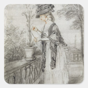 Sticker Carré Lady on a Terrace Tending a Carnation Plante (noir