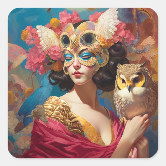 Sticker Carré Lady With Owl Imaginaire Art (Devant)