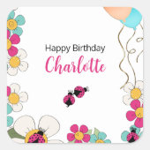 Sticker Carré Ladybugs et Fleurs Fête d'anniversaire (Devant)