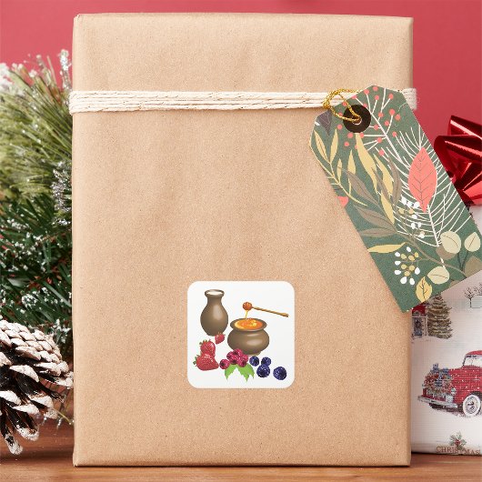Sticker Carré Lait et miel avec baies Alimentation rustique