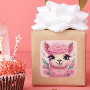 Sticker Carré Lama bébé rose souriant