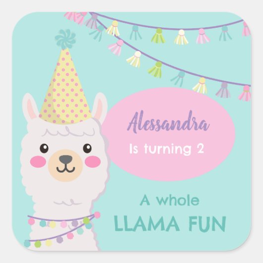 STICKER CARRÉ LAMA COULEUR PASTEL CUTE ANNIVERSAIRE (Devant)