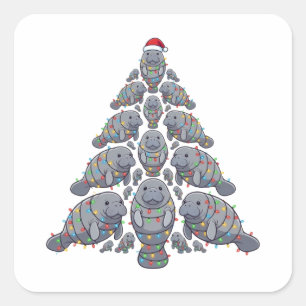 Sticker Carré Lamantin arbre de Noël chapeau de Père Noël lumièr