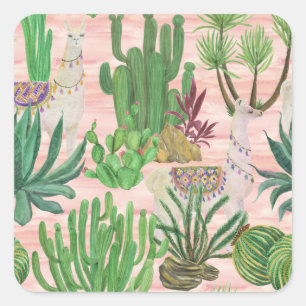 Sticker Carré Lamas aquarelle et motif cactus.