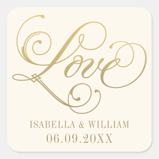 Sticker Carré L'amour en or Script Mariage ivoire Monogramme (Devant)