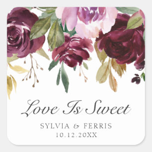 Sticker Carré L'Amour Est Doux Mariage Floral Aquarelle Plum