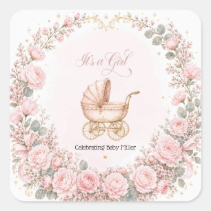 Sticker Carré Landau Rose C'est une Fille Baby Shower Personnali