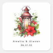 Sticker Carré Lanterne rouge de Noël Poinsettia - Mariage (Devant)