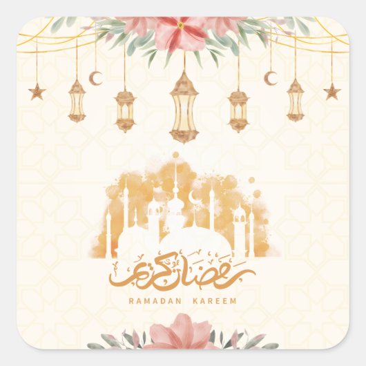 Sticker Carré Lanternes d'aquarelle florale Ramadan Kareem (Devant)